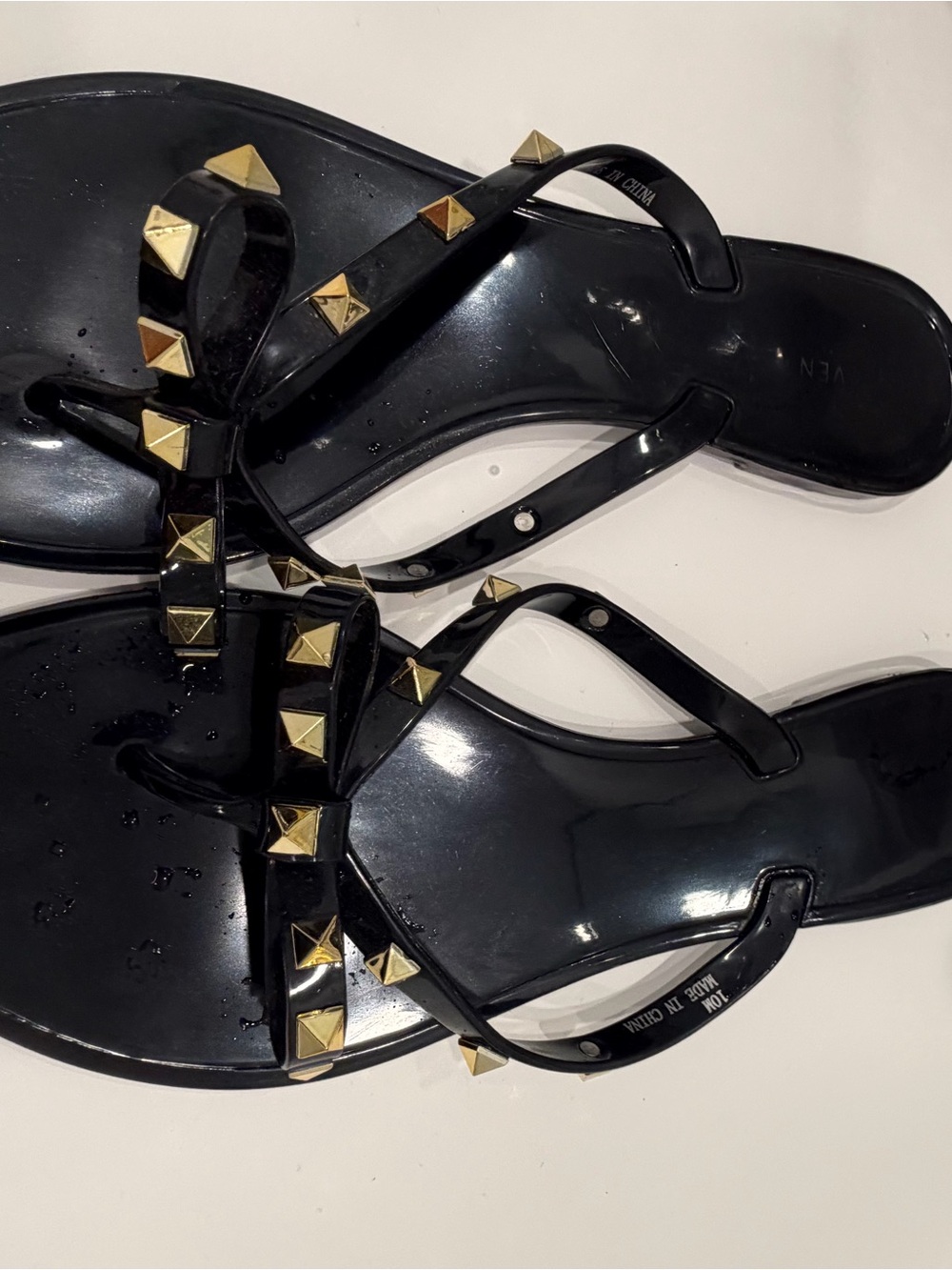 Steve Madden Black Jelly Thong Sandals with Gold Studs